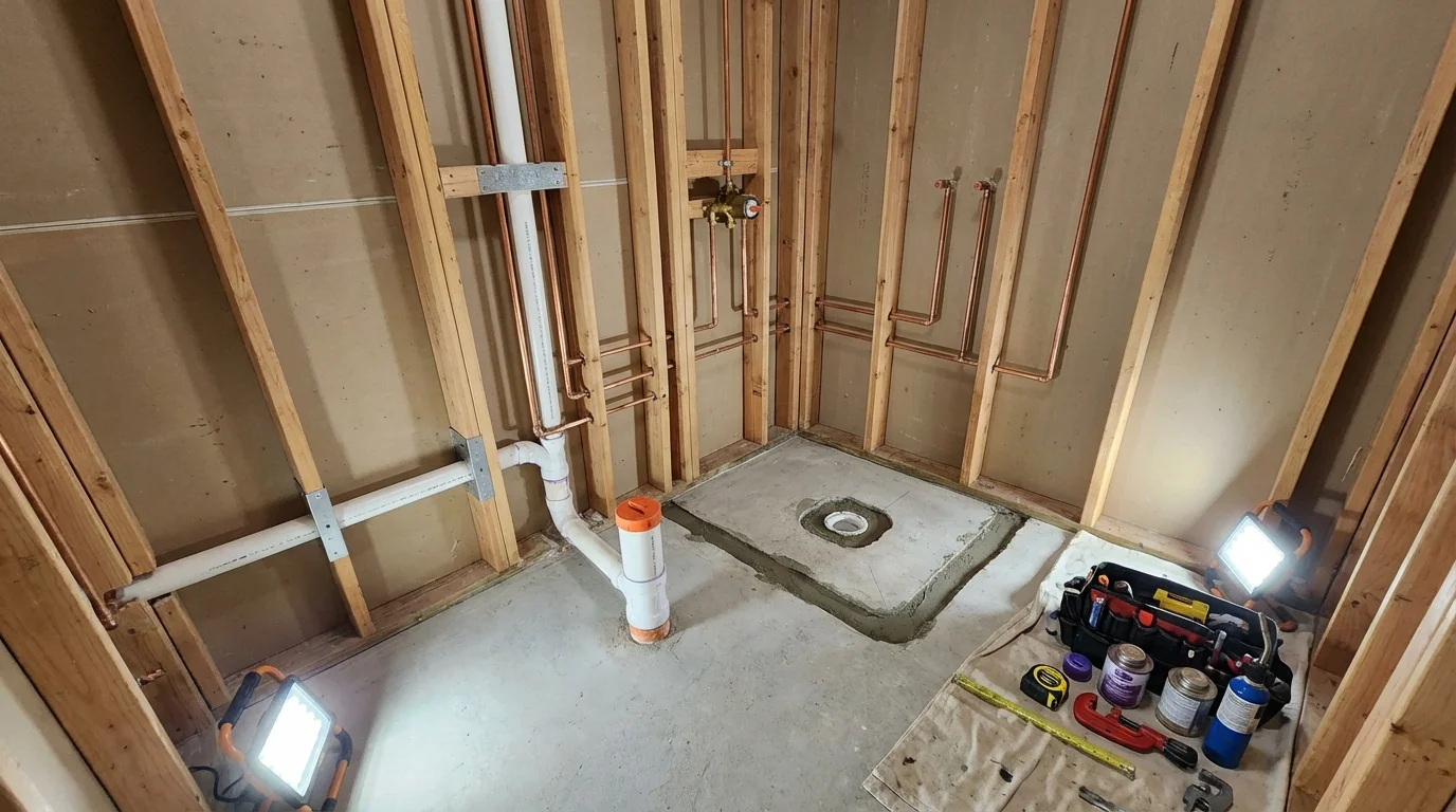 Bathroom rough-in plumbing during remodel by Johns Plumbing LLC in Bonne Terre