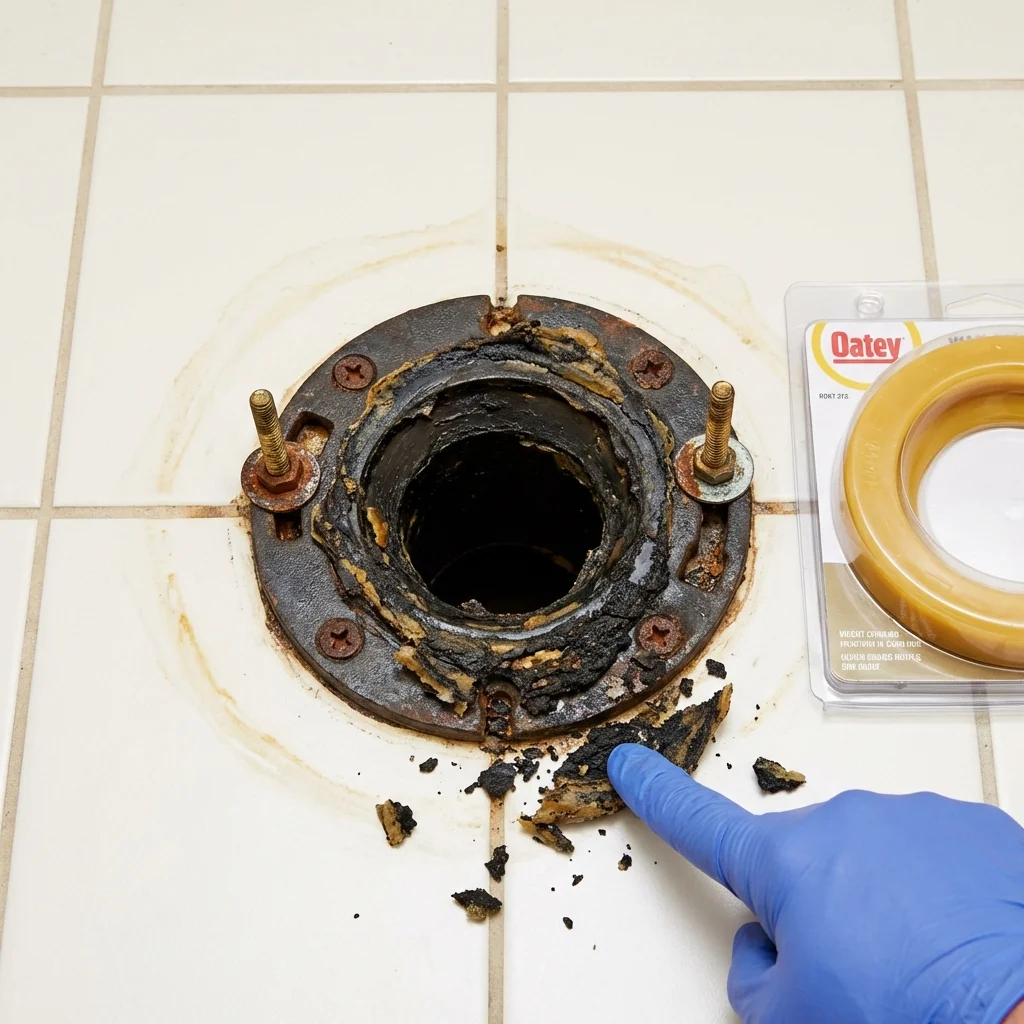 Failed wax ring showing water seepage at the base of a toilet in a Bonne Terre, MO home