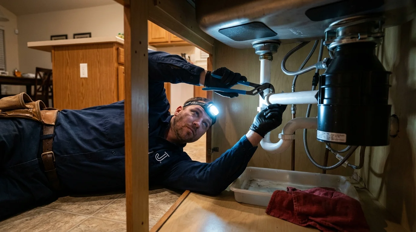 P-trap and supply line connections under a kitchen sink showing a common leak point in Bonne Terre, MO